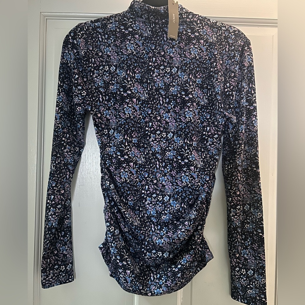 New J Crew Top Womens Ruched Matte Blue Floral Jersey Turtleneck Blouse Size S